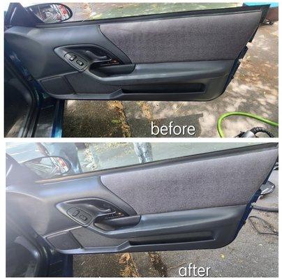 Before and After of a Car Door that has been Steamed Cleaned