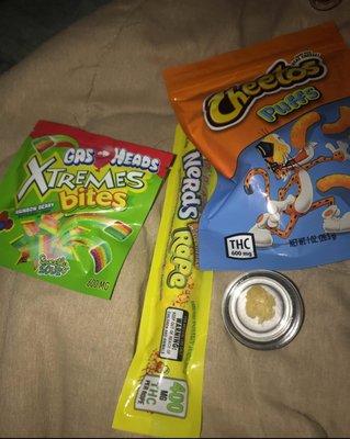 Cheetos puffs, Nerds rope, Gas heads