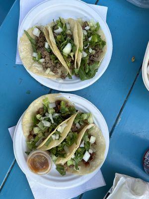 Beef on top, carnitas below