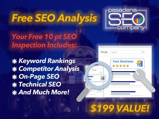 Get A Free SEO Analysis, A $199 Value!  Our SEO Experts Will Uncover Deficiencies In Your SEO Preventing You From Ranking Higher.