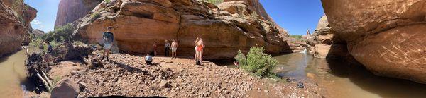 Panorama of the waterfall and swimming hole.