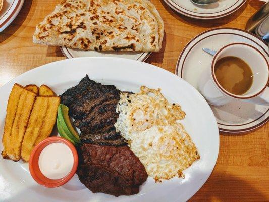 Honduran breakfast with carne asada.