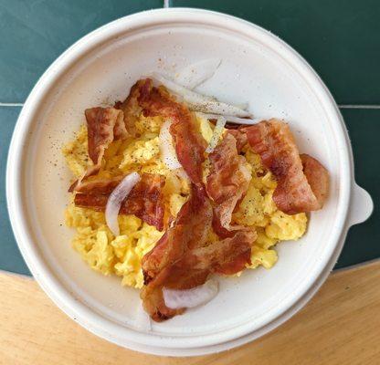 This is the Scrambled Eggs and Applewood Bacon Bowl.  Photo taken May 17, 2023.