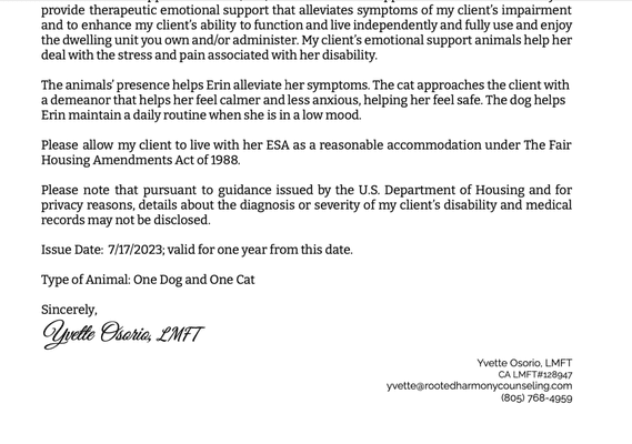 Screenshot 2 of overpriced limited letter provided by Yvette