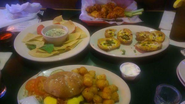 Bacon Cheeseburger, Tator tots, Hot Wings, and Potato Skins