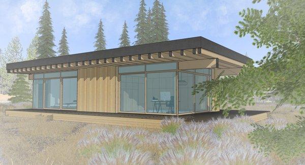 Rendering of the south elevation of the modern cabin project in design