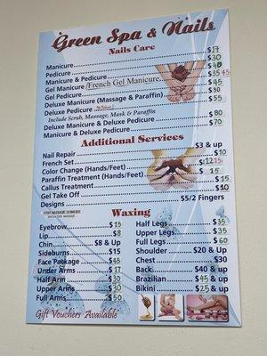 Menu as of 1/13/22. FYI they're raising manicure to $18 and mani/pedi to $45 in a couple day. Still so reasonable!!