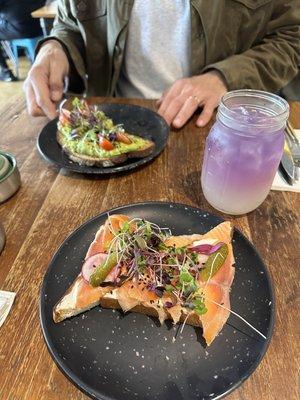 Smoked salmon toast, avo toast, and my favorite lavender lemonade