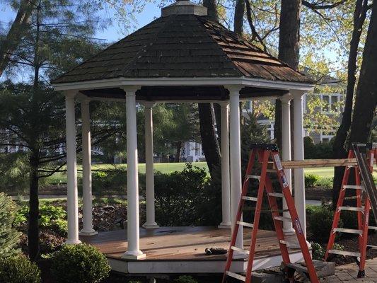 The start of rehabbing this gazebo to be a beautiful backdrop of a new wedding pavilion at Brookmeadow Country Club