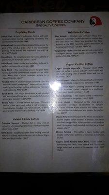 Menu of coffee