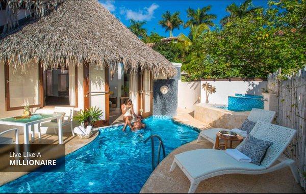 imagine your own pool outside of your bedroom with butler service. ask me hw you too can enjoy an All-Inclusive Vacation