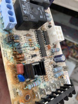 Control board damaged by condensation leaking into the unit. Maintenance is important.