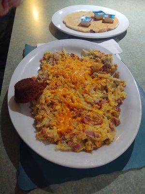 Scrambled egg omelette and panckakes