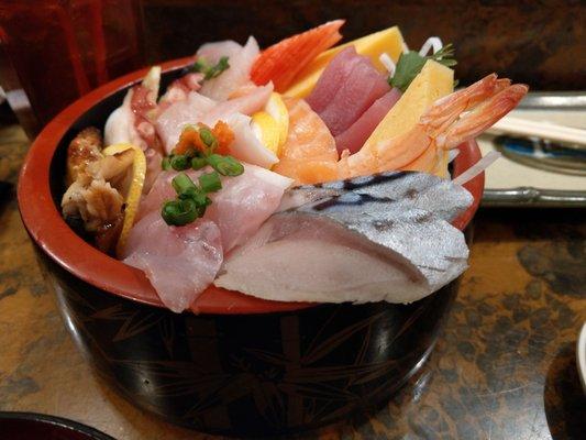 Chirashi is my favorite.  A terrific selection of sashimi on a bed of rice. Filling, delicious, and reasonably priced.