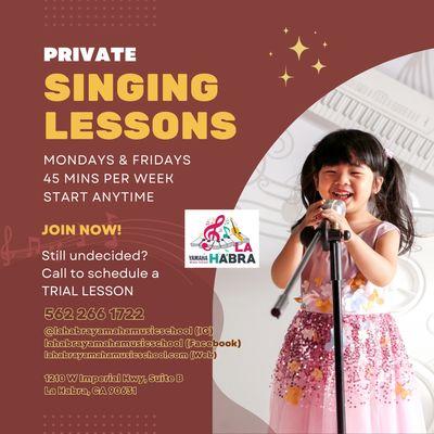 PRIVATE VOICE LESSONS on Mondays and Fridays! 45 mins per week. Call 562-266-1722 for a TRIAL.