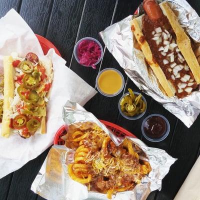 The goods. Giant Frank w chili. Giant Kielbasa w grilled onions. Chili cheese curly fries