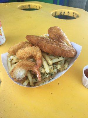 Fish, shrimp and garlic fries