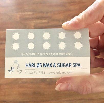 Remember to pick up a loyalty card at your appointment and receive 50% OFF on your tenth visit!