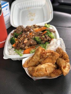 Mongolian tri-tip beef over rice (requested not spicy) and side order of potstickers & chicken strip