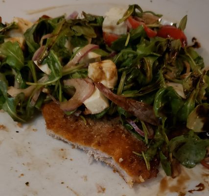 Pork Milanese (cross-section): light crispy savory breading, this dish is a winner!