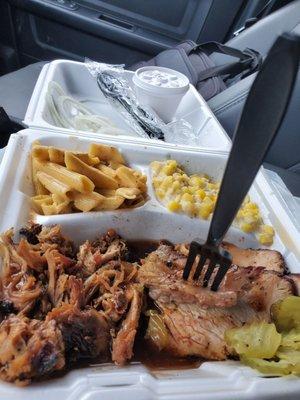 Brisket, turkey, pulled pork, creamed corn, and Mac N' cheese.  Came with sweet and tangy cup of their house BBQ sauce!