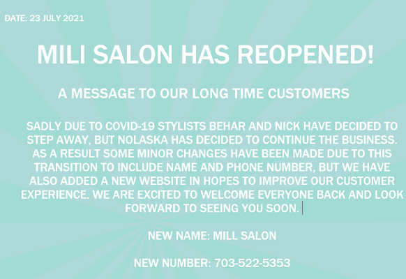 23 JUL 2021 Mili Salon Has Reopened!