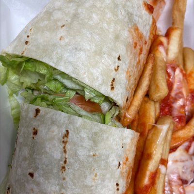 Chicken cheese steak wrap w/pizza fries