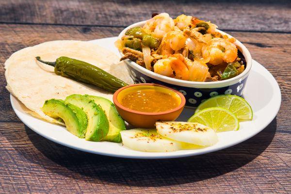 Chicken, beef, shrimp fajita