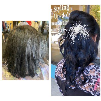 Before and after hair transformation. Added hair extensions for fullest and length