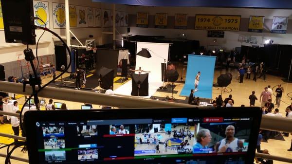 Filming for the Golden State Warriors, including player interviews and following roving reports with a wireless HD camera