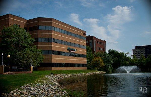 Third floor offices and co-working spaces have a fountain and pond view - a nice addition in Ann  Arbor