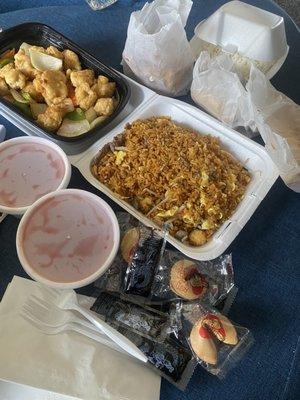 Orange chicken came with a serving of white rice, beef fried rice, egg rolls and tempura shrimp all for under 40$