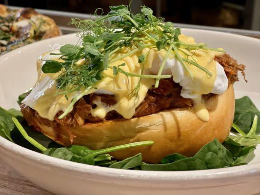 Eggs Bennie: Smoked bbq pork, toasted challah bread, spinach, soft poached eggs, hollandaise, microgreens