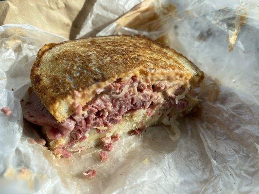 Delicious ruben! Tender corned beef stacked high.