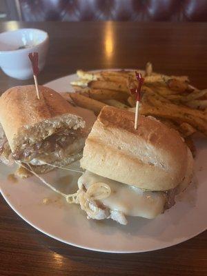 Pork chop sandwich and fries