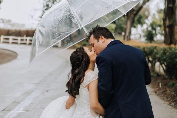 Rainy day wedding at the Red Horse Barn Event Avenue in Huntington Beach