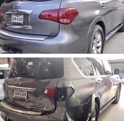 Rear end collision. Before and after picture of our work.