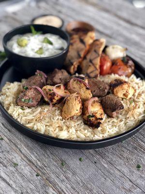 Chicken and prime beef kabob plate