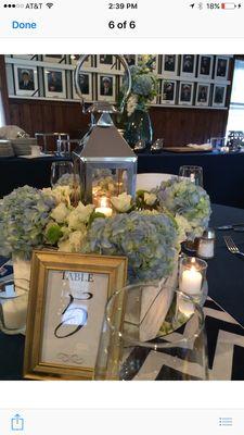 This photo is from a birthday party celebration in a boat house. Deb was on target with the flowers, tablecloths and centerpiece theme!