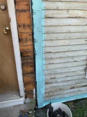 Striped down old siding prepping for new siding. Love seeing the history of things where original building was added on to.