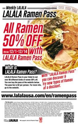 All Ramen 50% OFF with LALALA Ramen Pass during 12/1/14-12/14/14