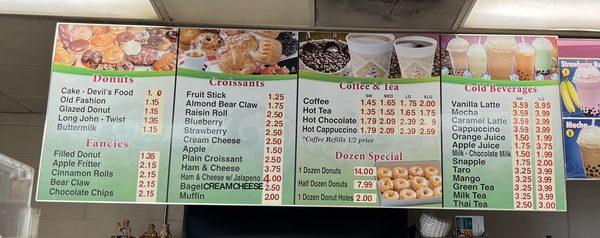 Donut, beverage, and croissant menu