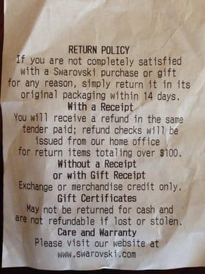 Return Policy that doesn't say anything about needing to have credit card that was used for the purchased present.