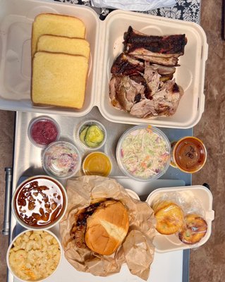 Beefer Sandwich, pulled pork, ribs, beans, Mac n cheese, coleslaw and jalapeño cornbread.