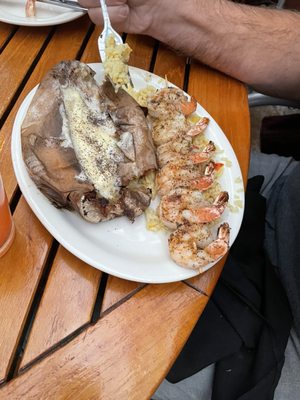 Grilled shrimp and baked sweet potato