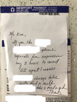 Handwritten note left with prescription!