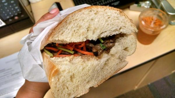 BBQ pork banh mi. Doesn't look super juicy but the flavors are there