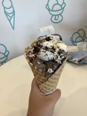 Mint Oreo and Peanut Butter cup in a waffle cone- Very good!