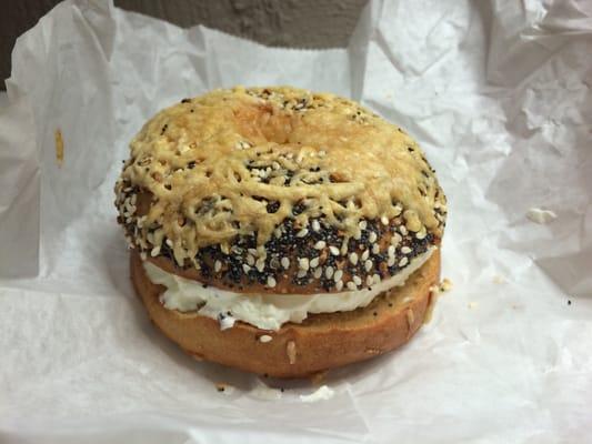 Toasted everything bagel with cream cheese, perfection!