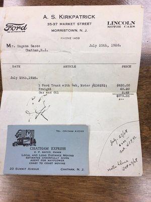 A receipt from the year 1928 when our founder E.P. Sacco Sr. purchased a new Ford Truck.